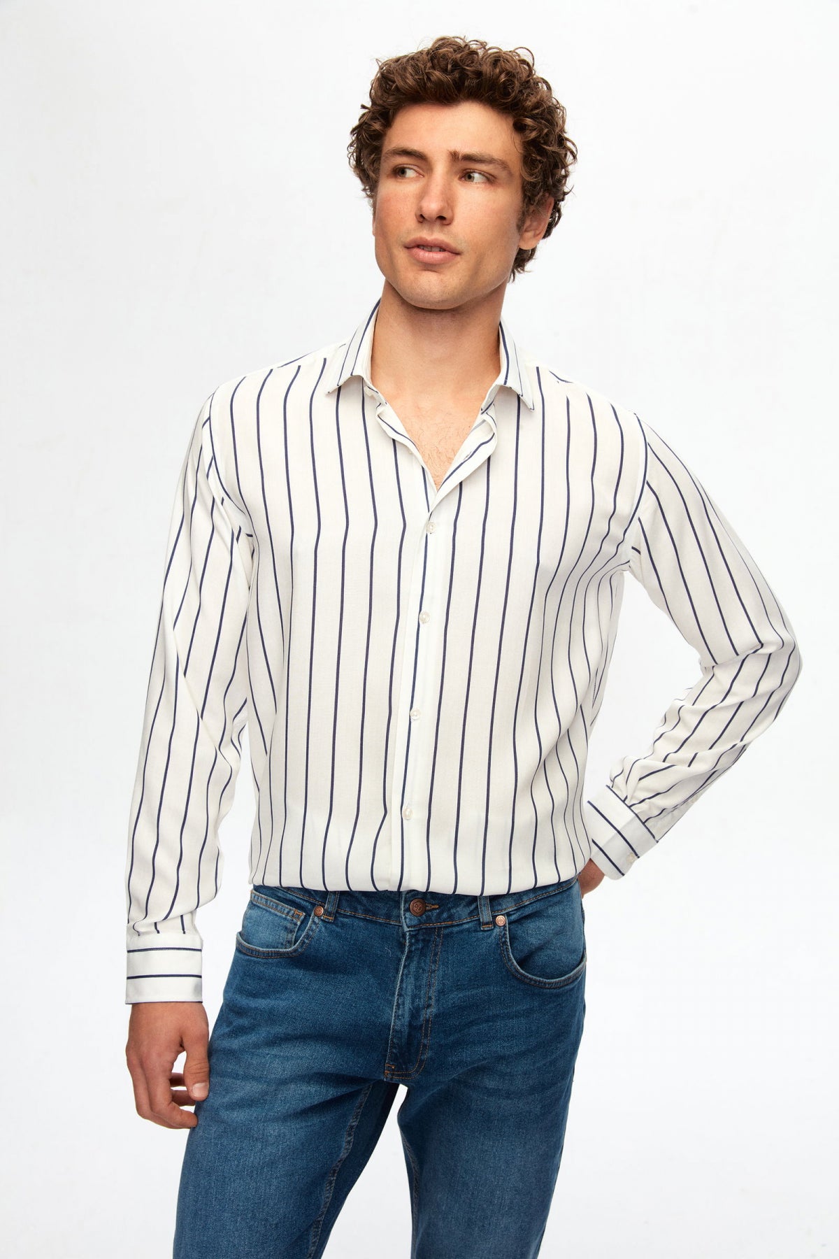 Ds Damat Slim Fit Striped 100% Viscose Shirt  - White