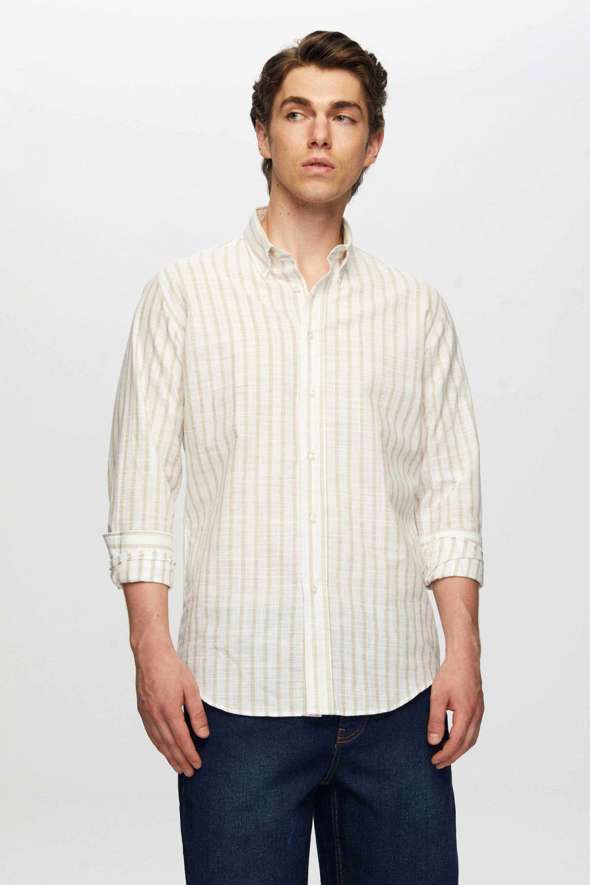 Ds Damat Slim Fit Striped Button-Down Collar 100% Cotton Lightweight Linen-Look Shirt  - Beige
