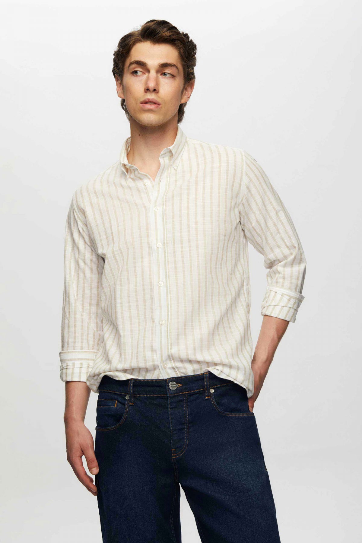 Ds Damat Slim Fit Striped Button-Down Collar 100% Cotton Lightweight Linen-Look Shirt  - Beige