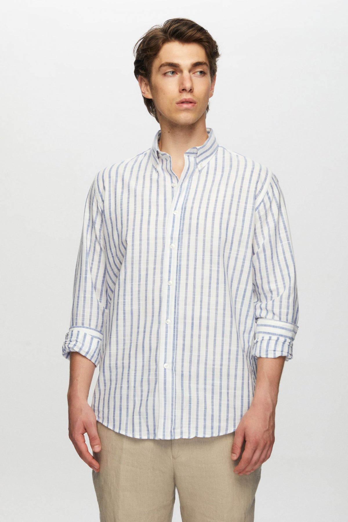 Ds Damat Slim Fit Striped Button-Down Collar 100% Cotton Lightweight Linen-Look Shirt  - Blue