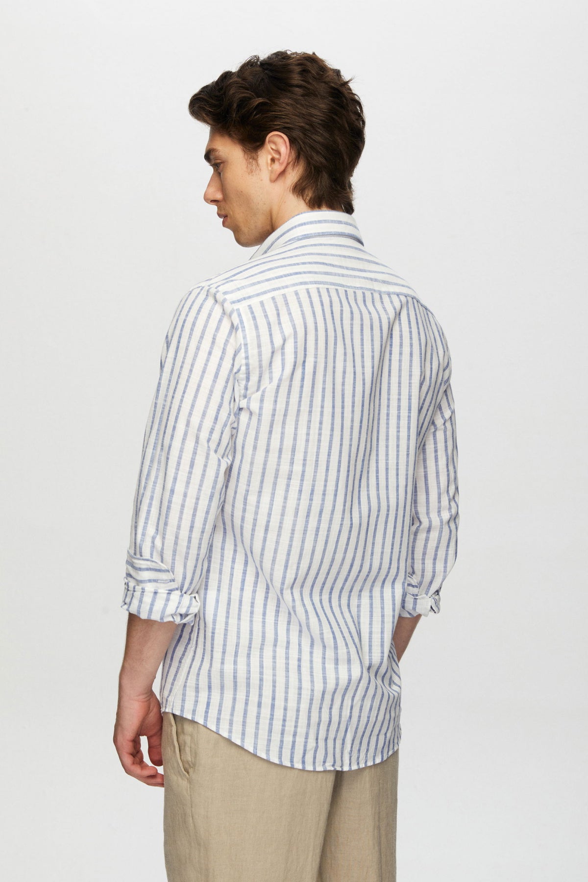 Ds Damat Slim Fit Striped Button-Down Collar 100% Cotton Lightweight Linen-Look Shirt  - Blue