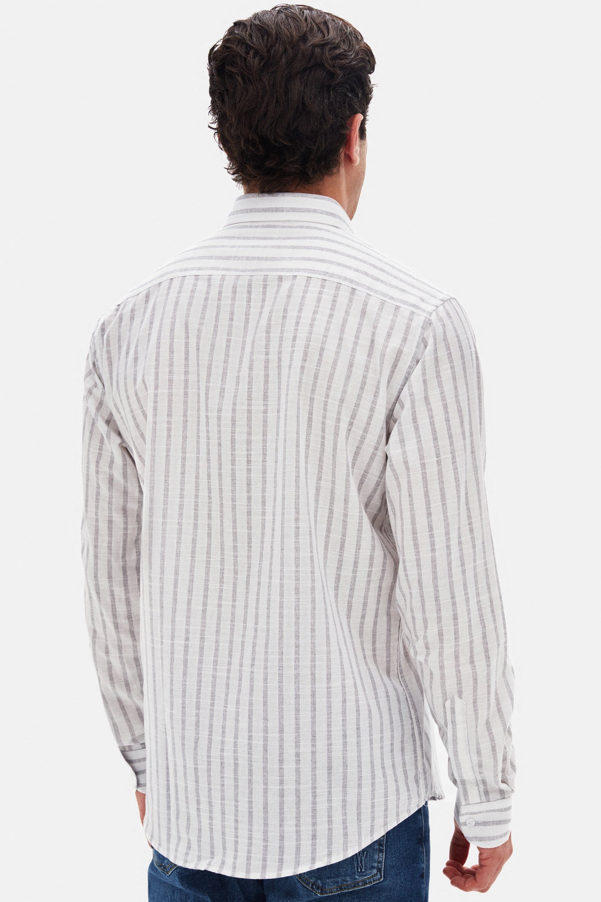 Ds Damat Slim Fit Striped Button-Down Collar 100% Cotton Lightweight Linen-Look Shirt  - Gray