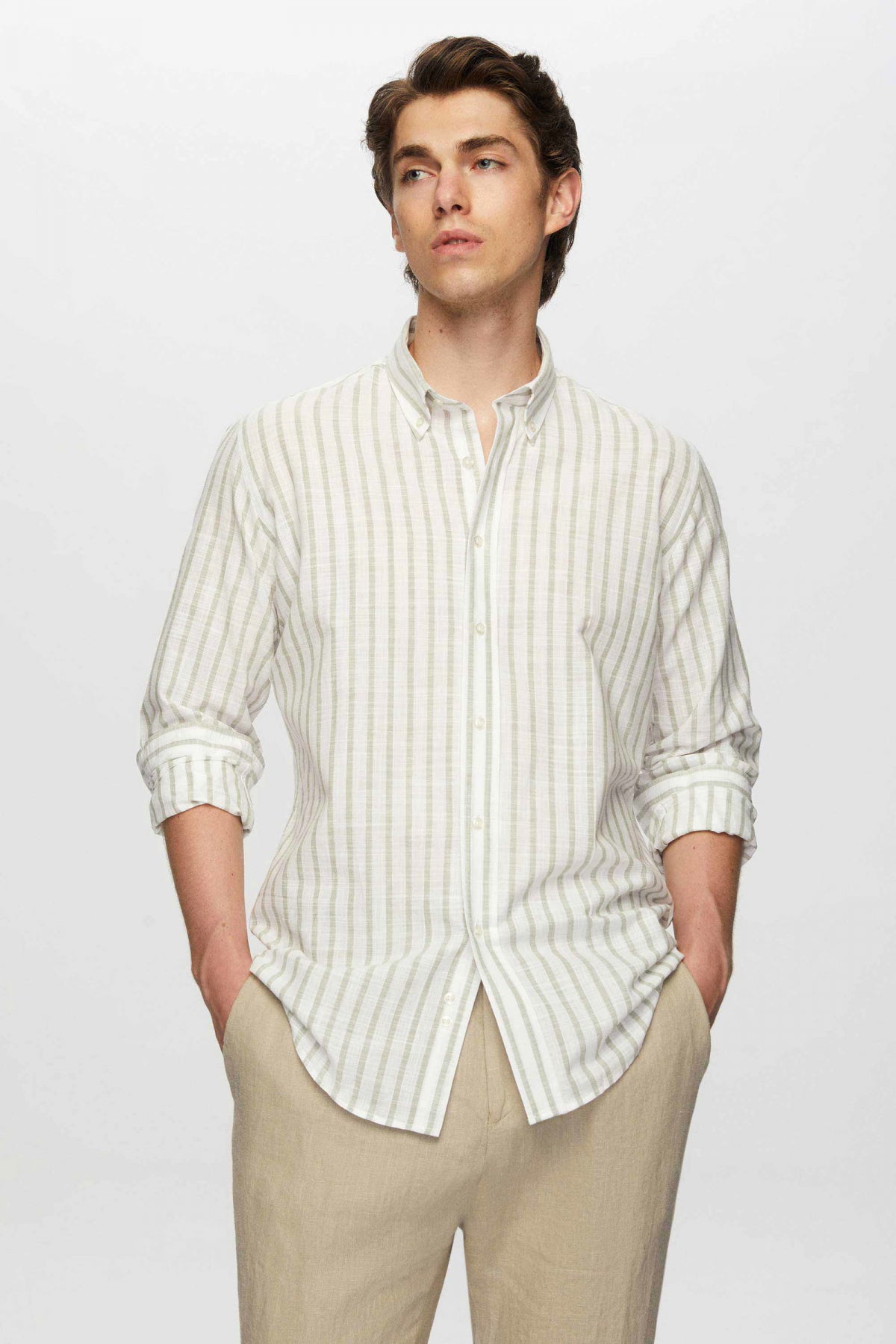 Ds Damat Slim Fit Striped Button-Down Collar 100% Cotton Lightweight Linen-Look Shirt  - Green