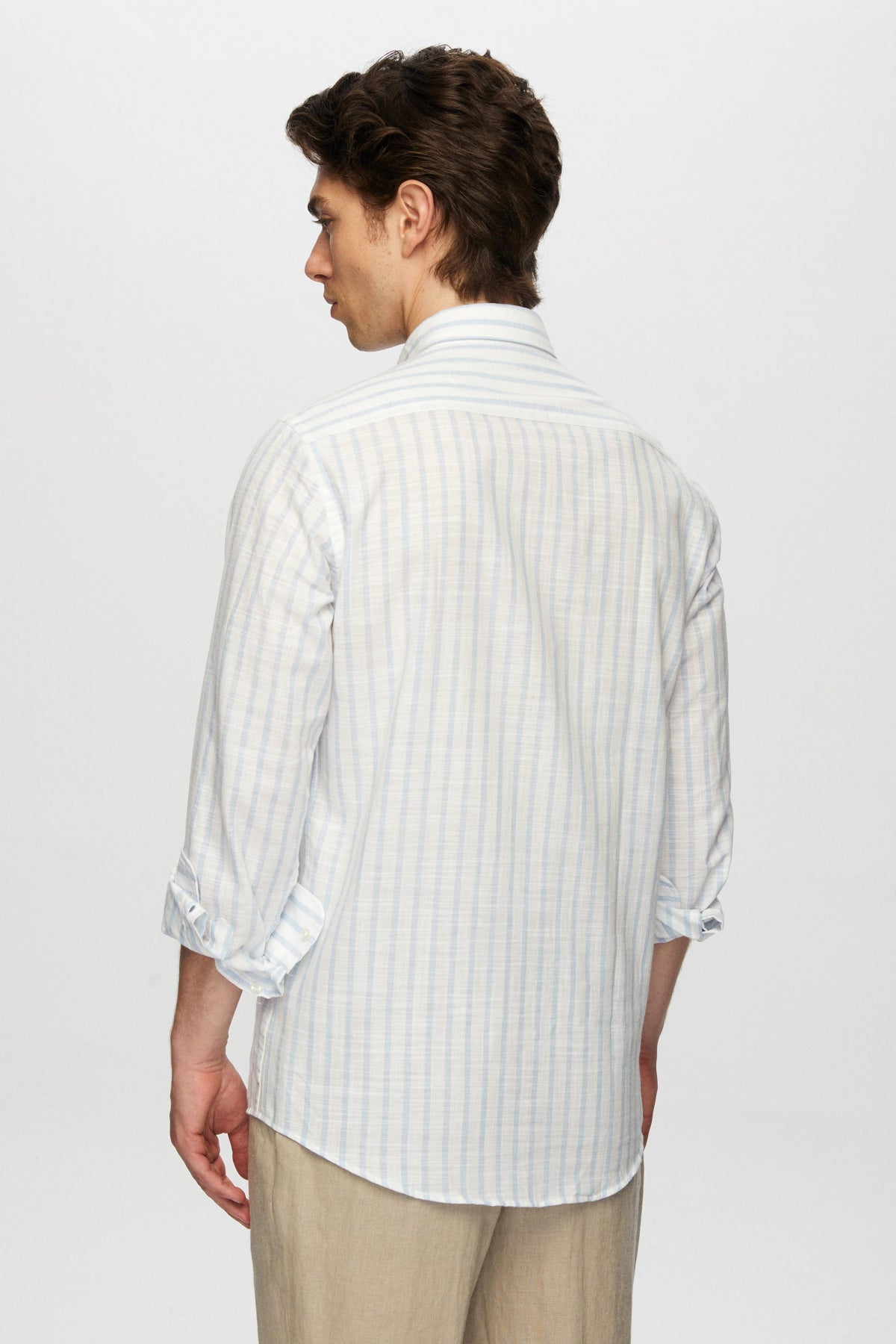 Ds Damat Slim Fit Striped Button-Down Collar 100% Cotton Lightweight Linen-Look Shirt  - Light Blue