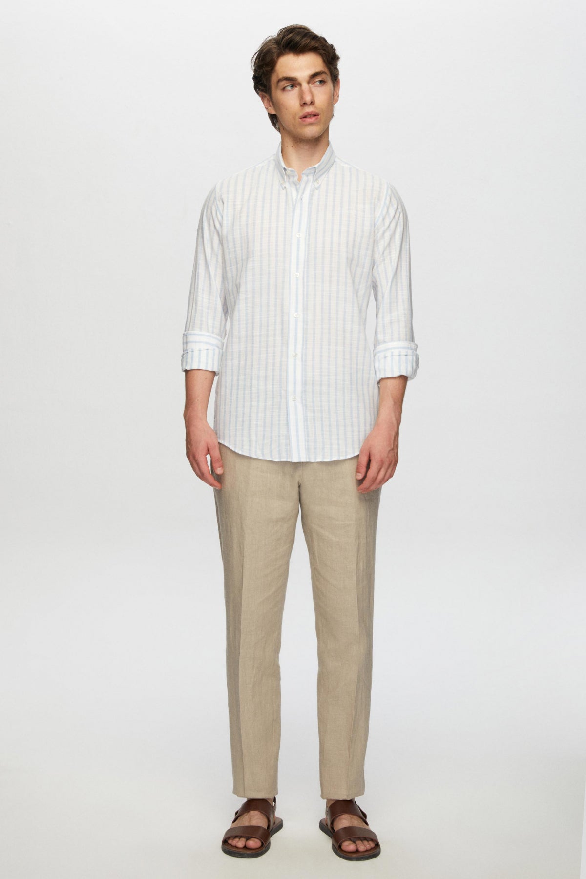 Ds Damat Slim Fit Striped Button-Down Collar 100% Cotton Lightweight Linen-Look Shirt  - Light Blue