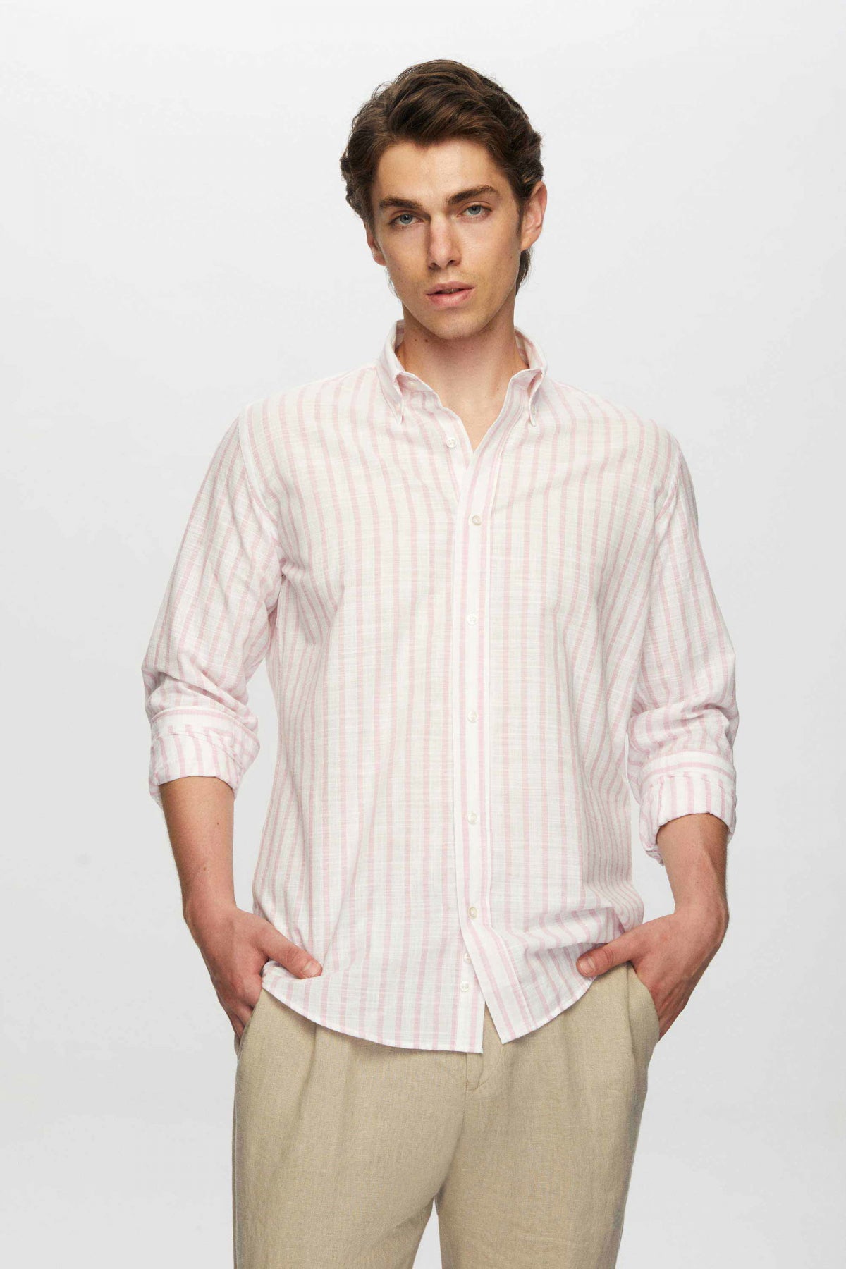 Ds Damat Slim Fit Striped Button-Down Collar 100% Cotton Lightweight Linen-Look Shirt  - Pink