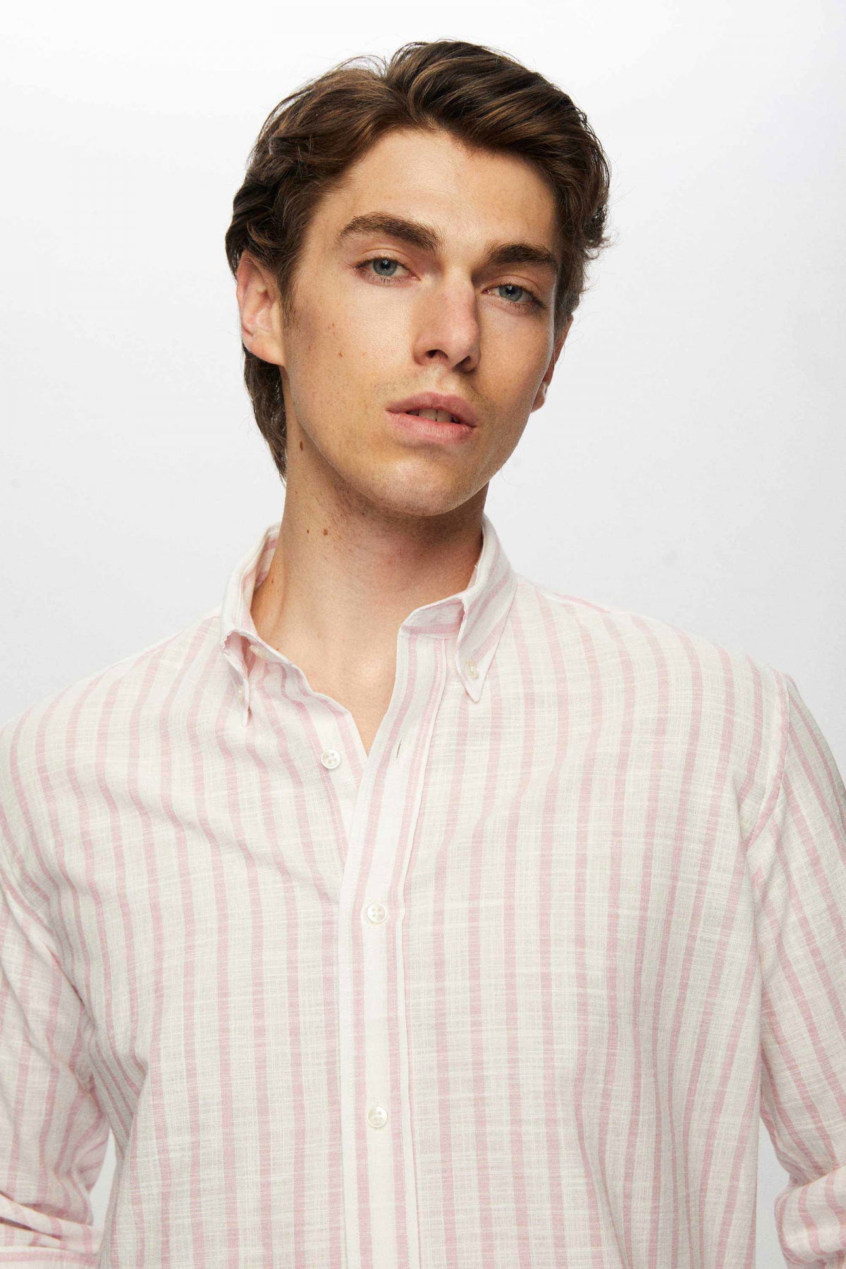 Ds Damat Slim Fit Striped Button-Down Collar 100% Cotton Lightweight Linen-Look Shirt  - Pink