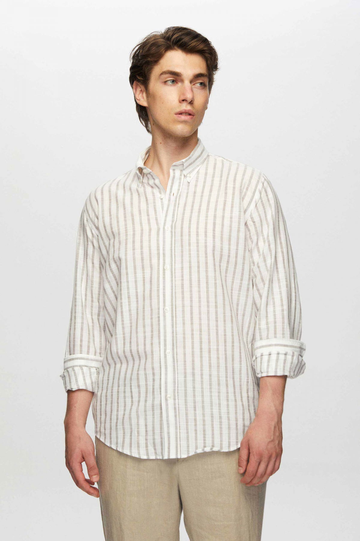 Ds Damat Slim Fit Striped Button-Down Collar 100% Cotton Lightweight Linen-Look Shirt  - Taupe