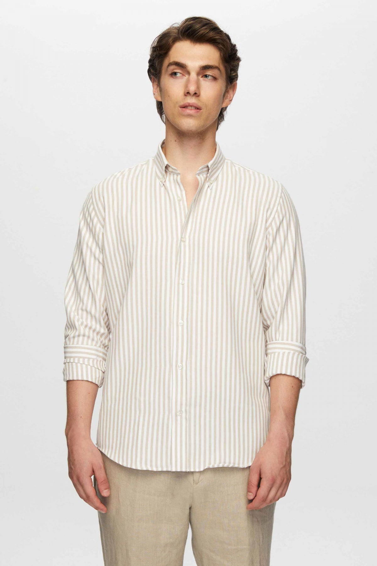 Ds Damat Slim Fit Striped Shirt  - Beige
