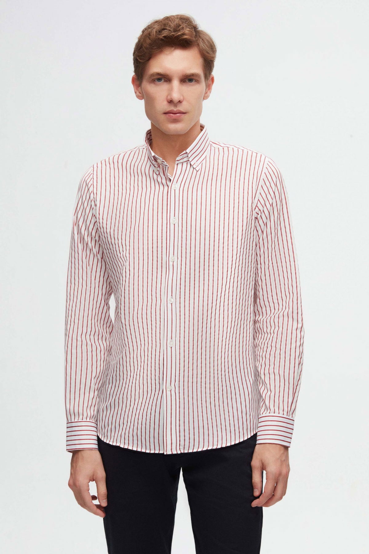 Ds Damat Slim Fit Striped Shirt  - Brick