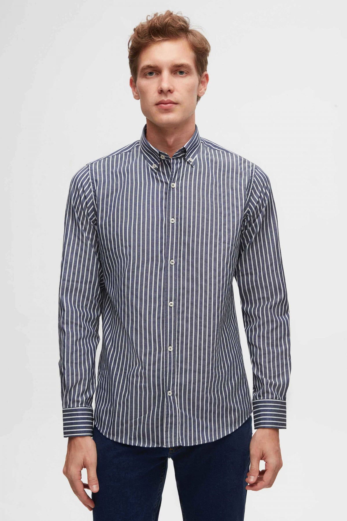 Ds Damat Slim Fit Striped Shirt  - Navy Blue