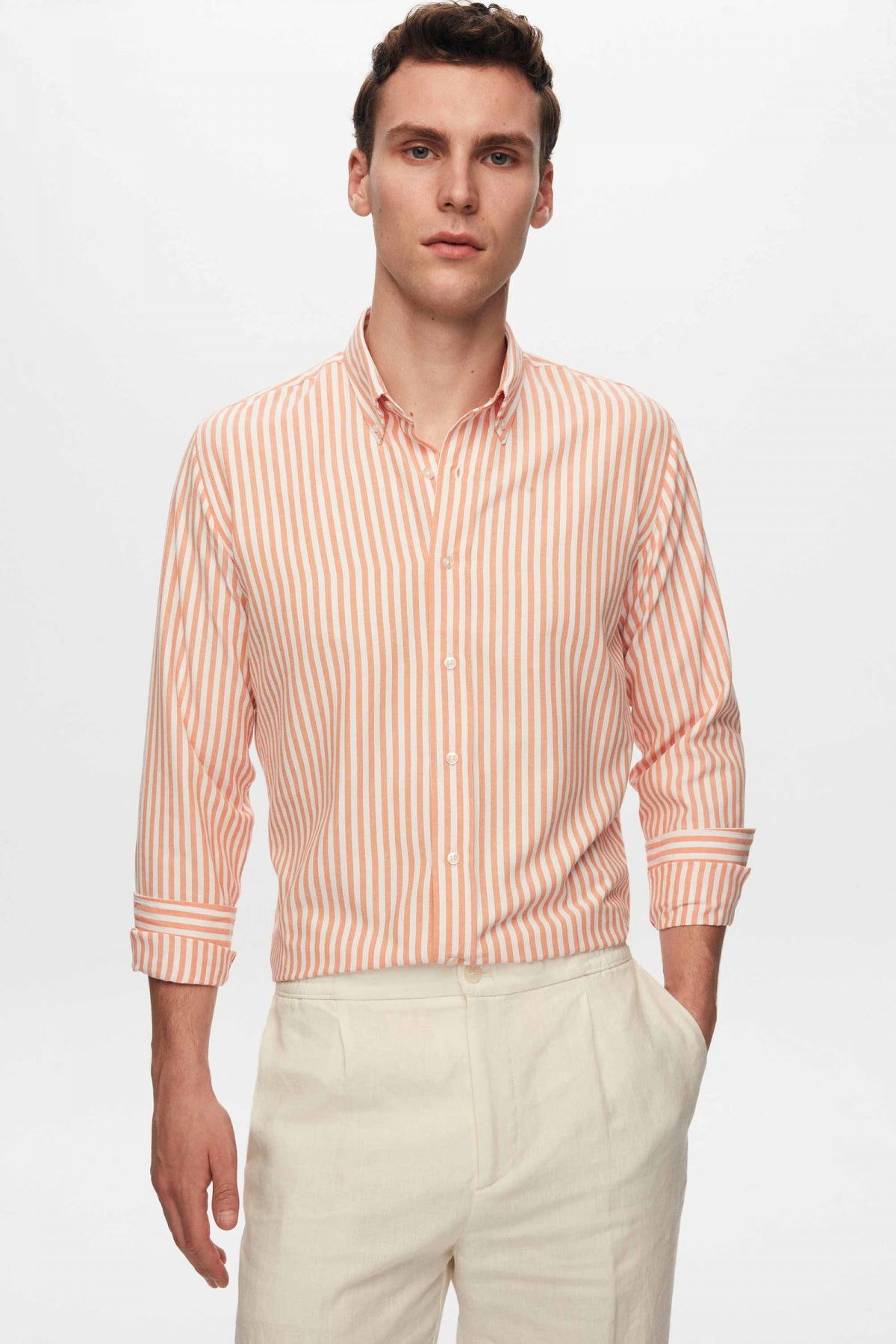 Ds Damat Slim Fit Striped Shirt  - Orange