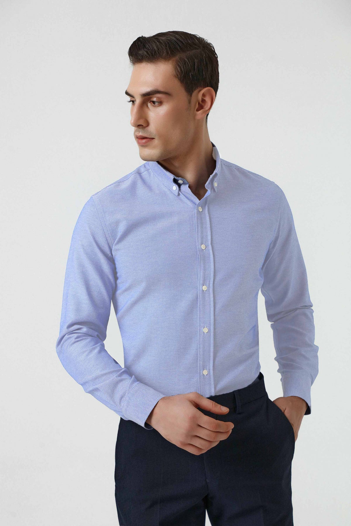 Ds Damat Slim Fit Textured Button-Down Cotton Shirt  - Blue
