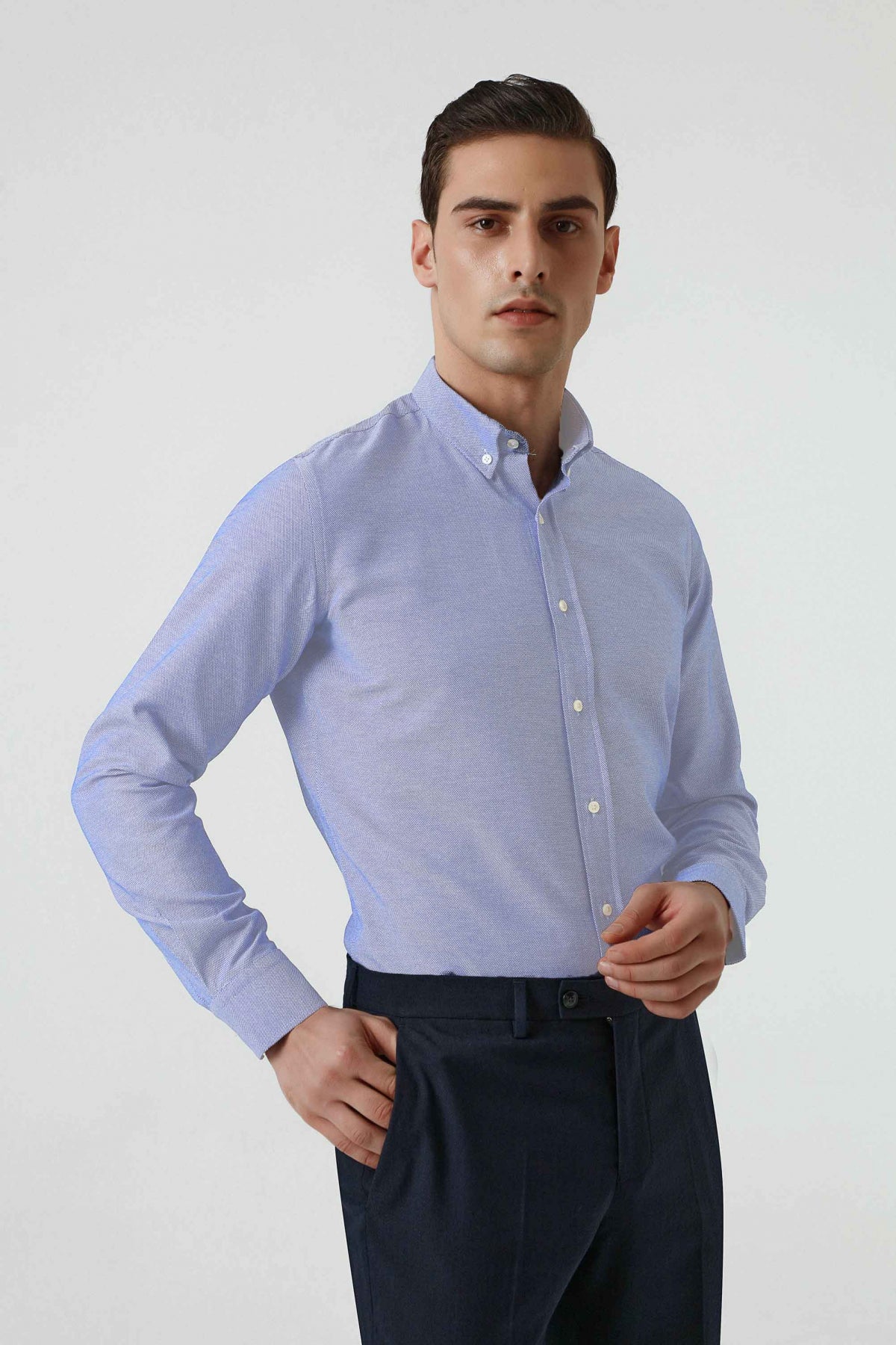 Ds Damat Slim Fit Textured Button-Down Cotton Shirt  - Blue