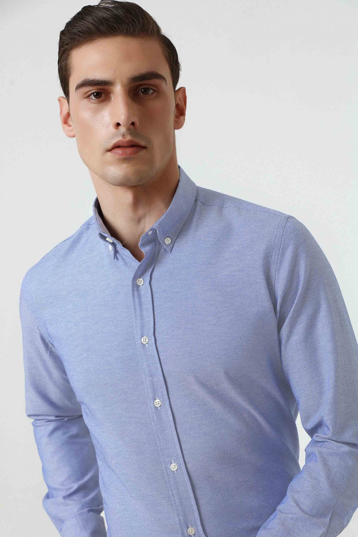 Ds Damat Slim Fit Textured Button-Down Cotton Shirt  - Blue