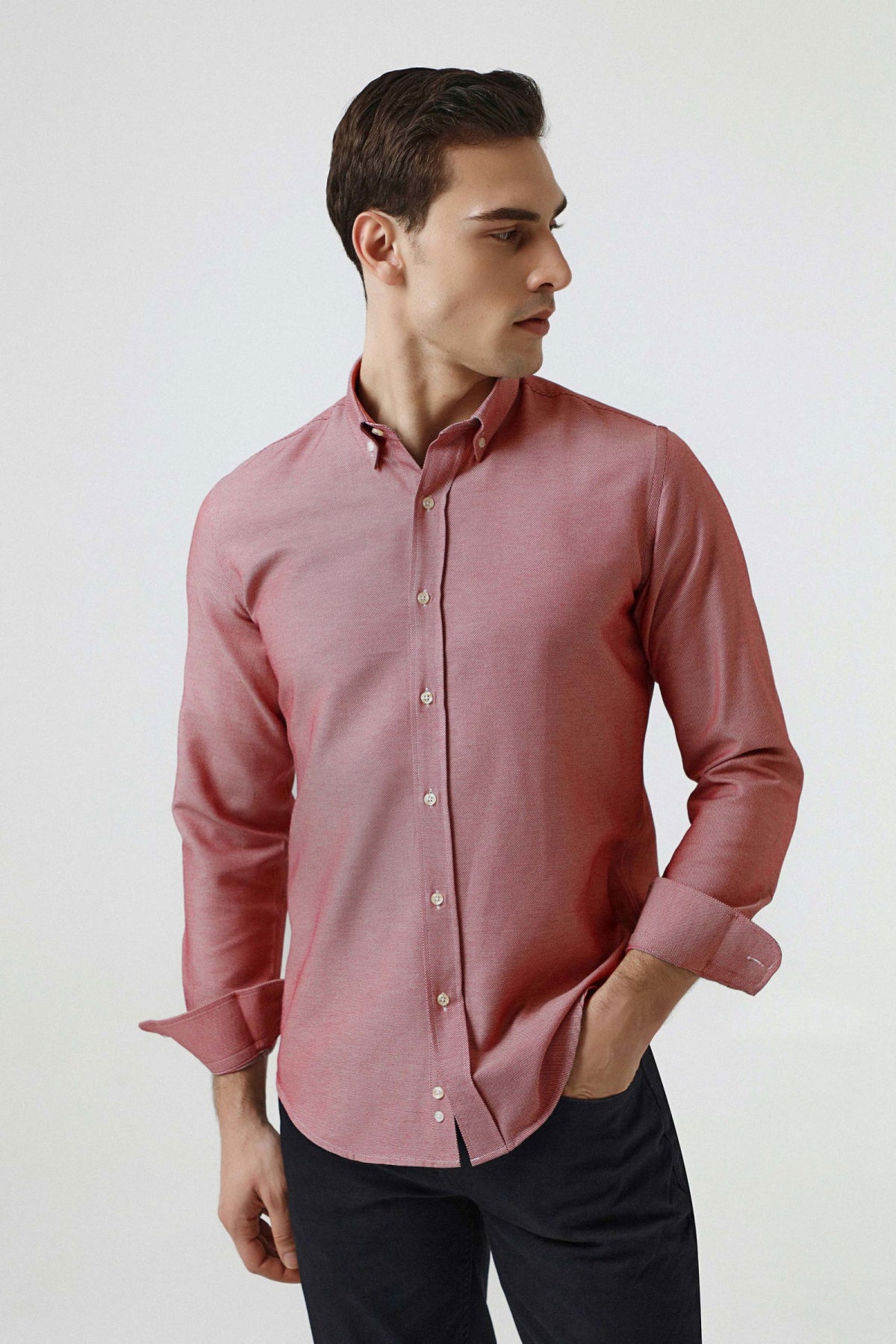 Ds Damat Slim Fit Textured Button-Down Cotton Shirt  - Brick