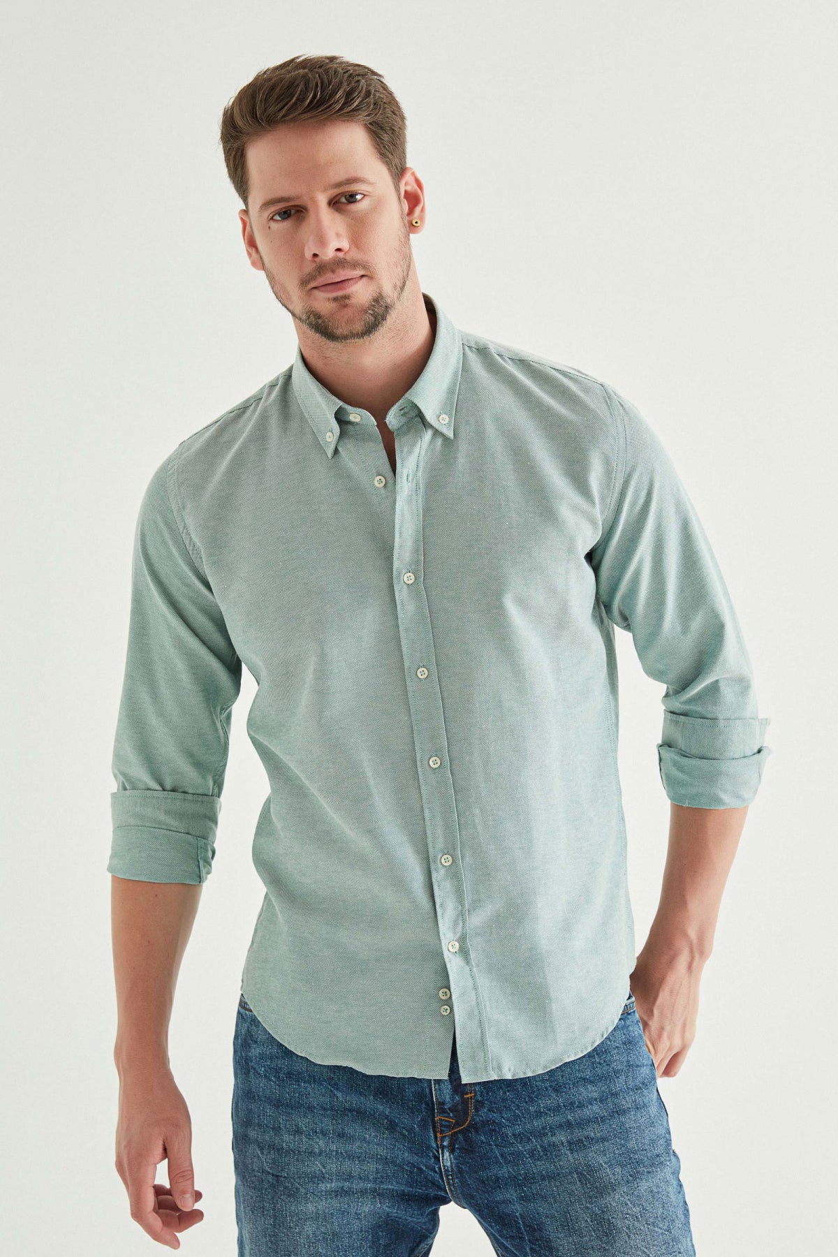 Ds Damat Slim Fit Textured Button-Down Cotton Shirt  - Green