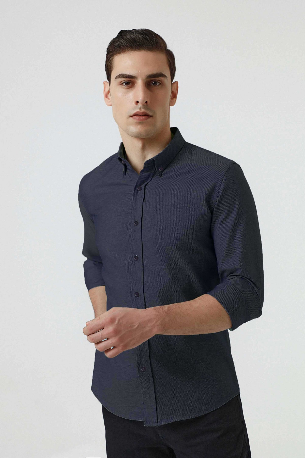 Ds Damat Slim Fit Textured Button-Down Cotton Shirt  - Navy Blue
