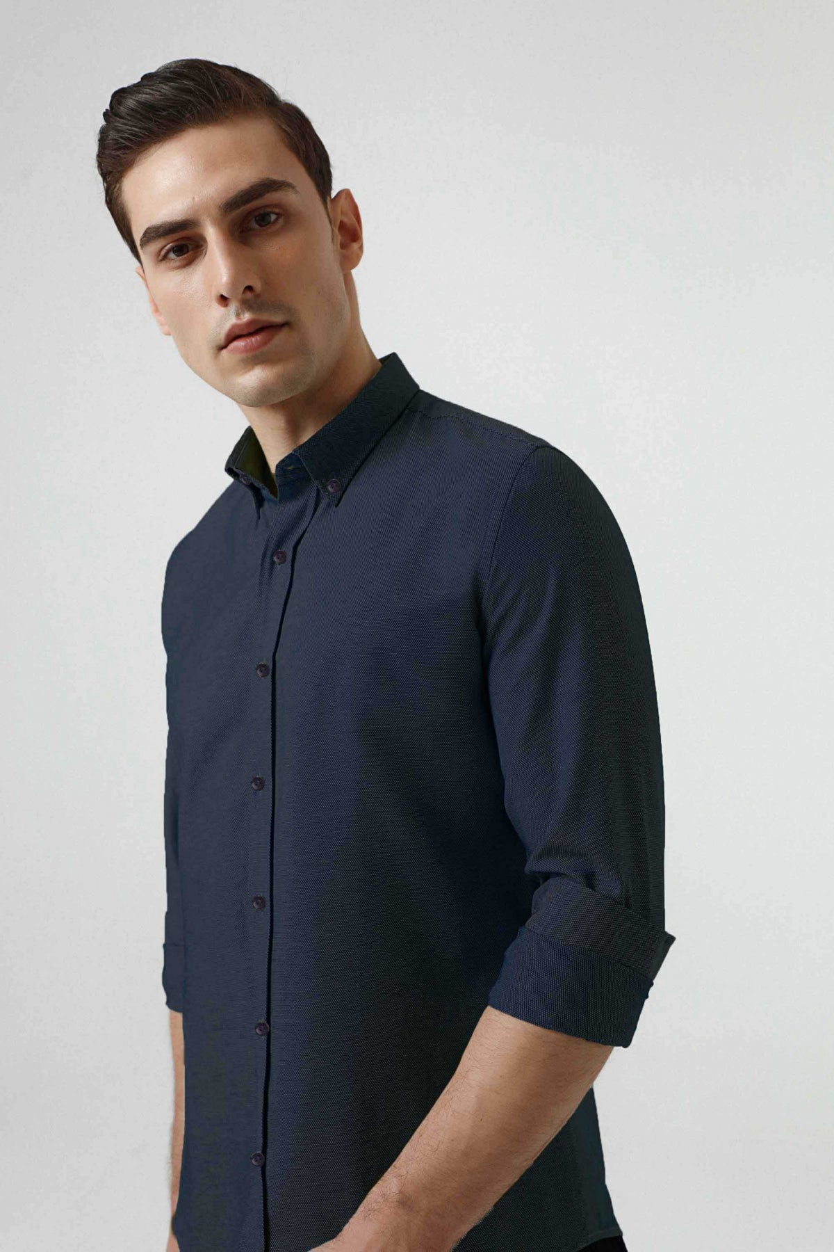 Ds Damat Slim Fit Textured Button-Down Cotton Shirt  - Navy Blue