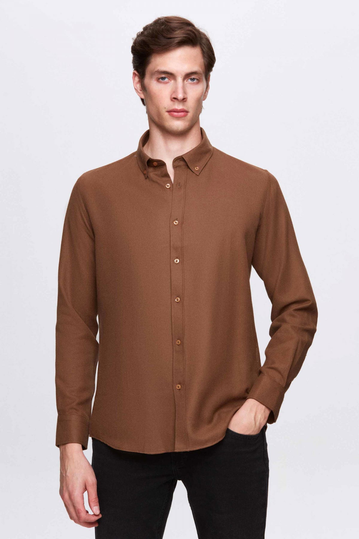 Ds Damat Slim Fit Textured Button-Down Cotton Shirt  - Taupe