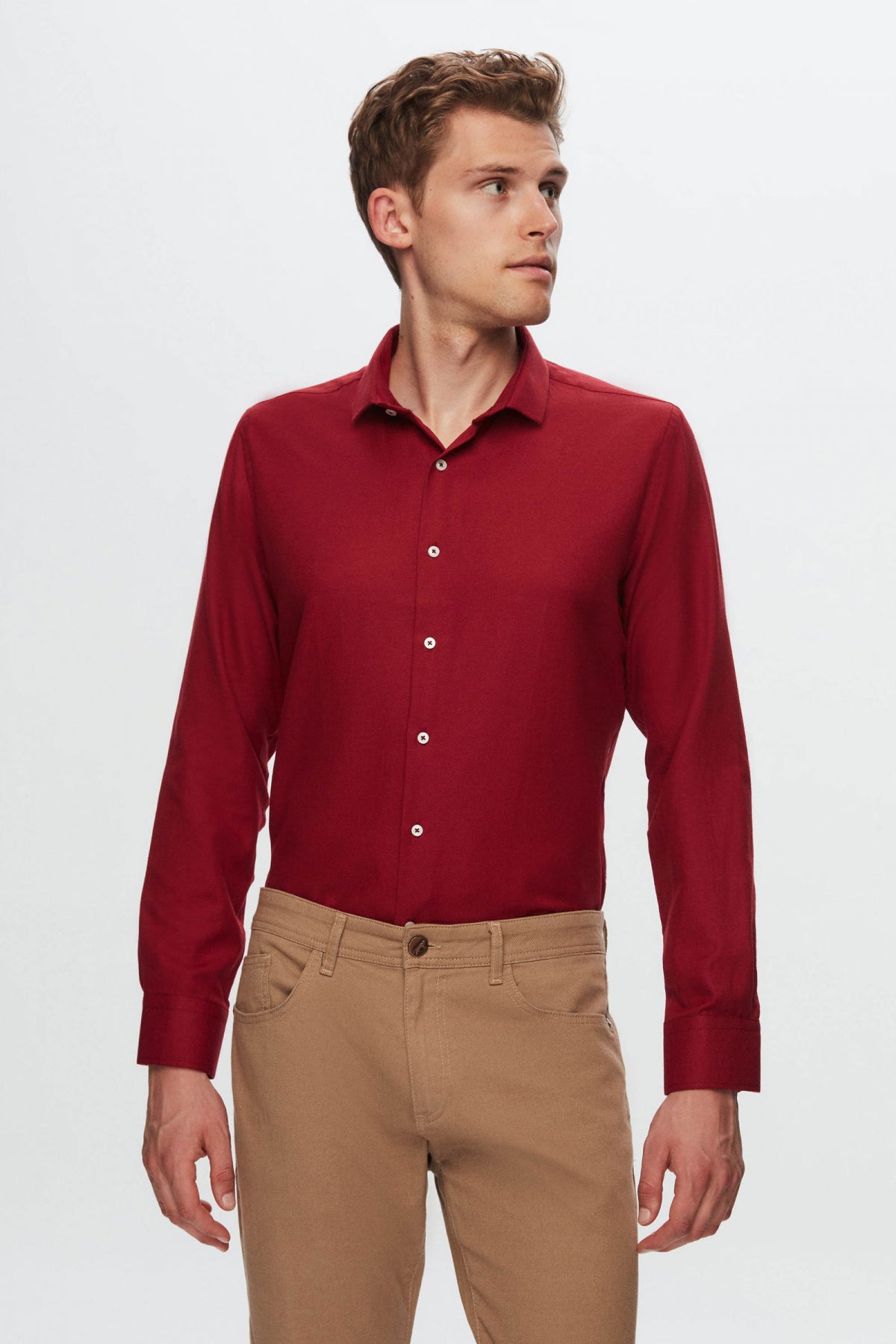 Ds Damat Slim Fit Textured Half Italian Collar Cotton Shirt  - Burgundy