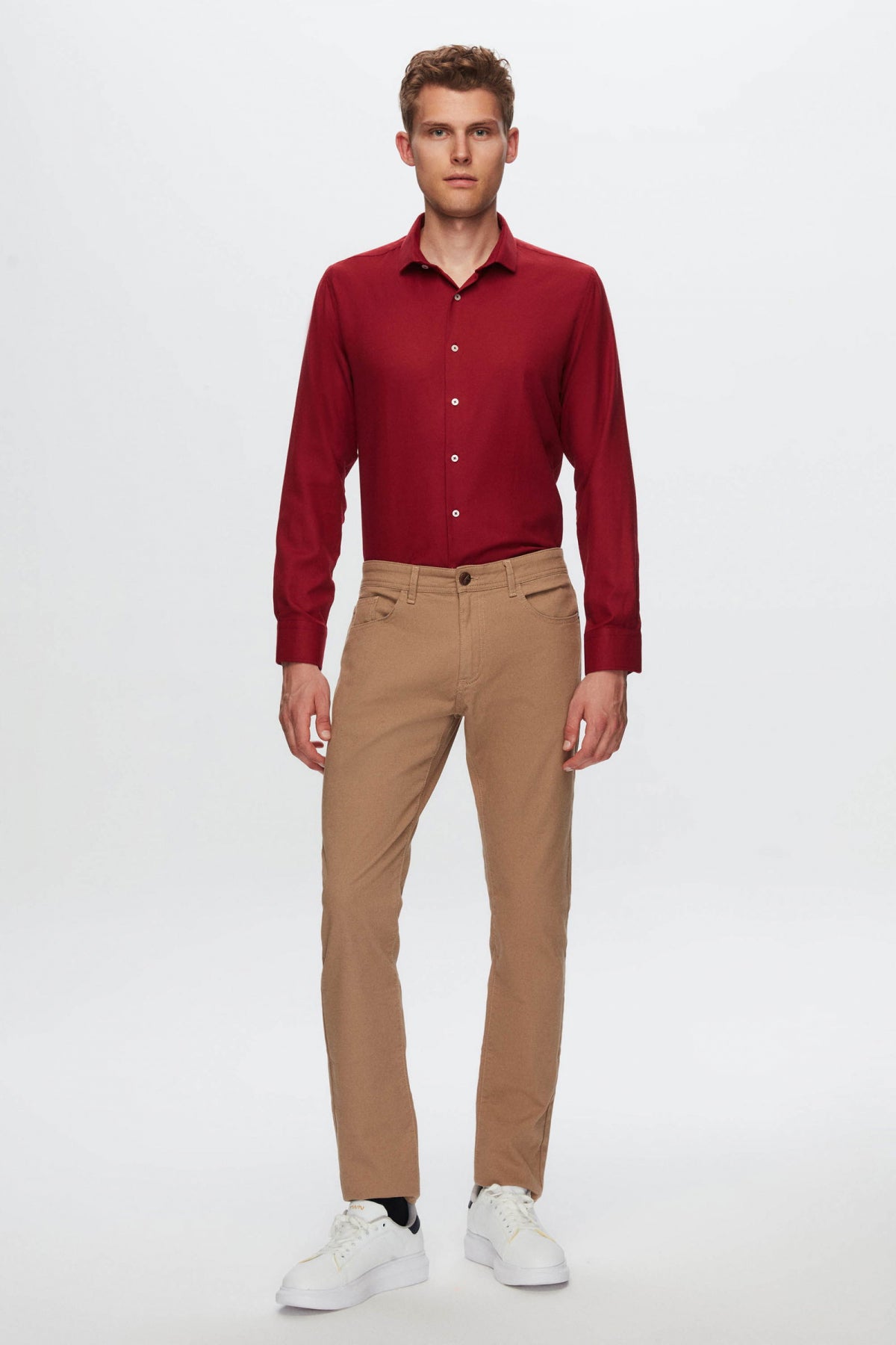 Ds Damat Slim Fit Textured Half Italian Collar Cotton Shirt  - Burgundy