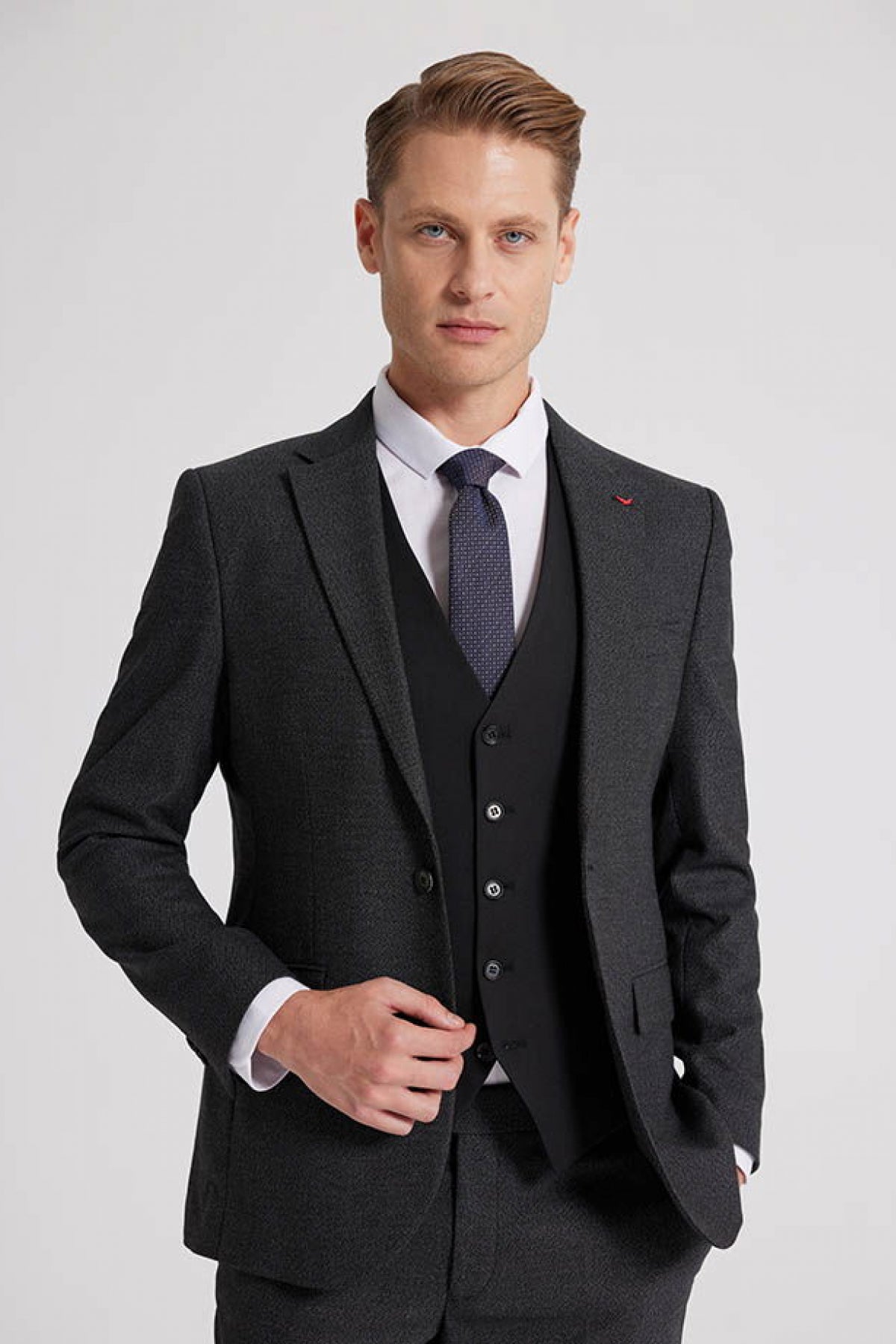 Ds Damat Slim Fit Textured Mono Collar Single Vent Lined Suit Combo  - Anthracite