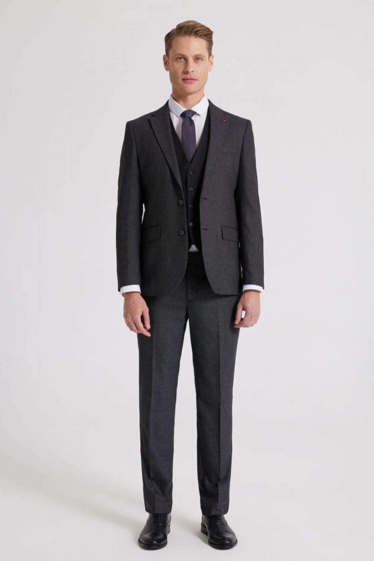 Ds Damat Slim Fit Textured Mono Collar Single Vent Lined Suit Combo  - Anthracite