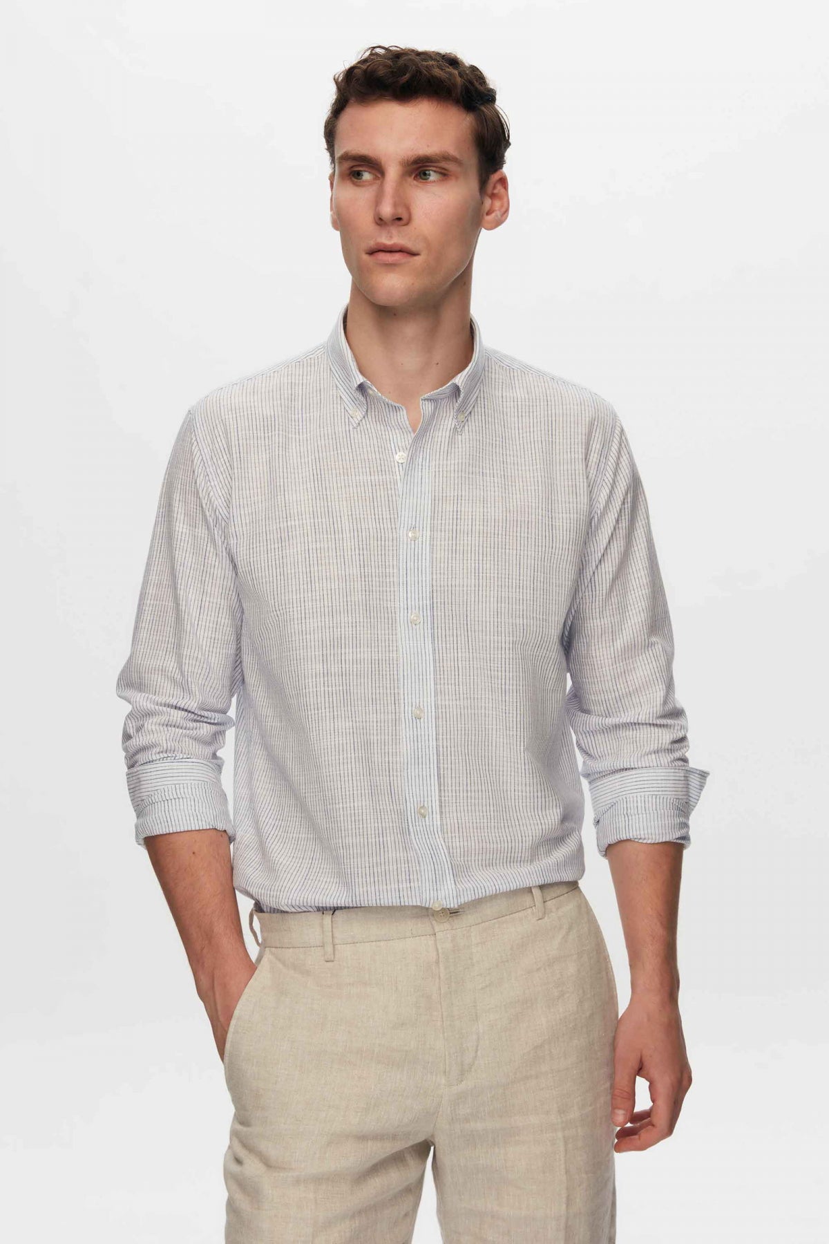 Ds Damat Slim Fit Thin Striped Button-Down Collar 100% Cotton Lightweight Linen-Look Shirt  - Blue