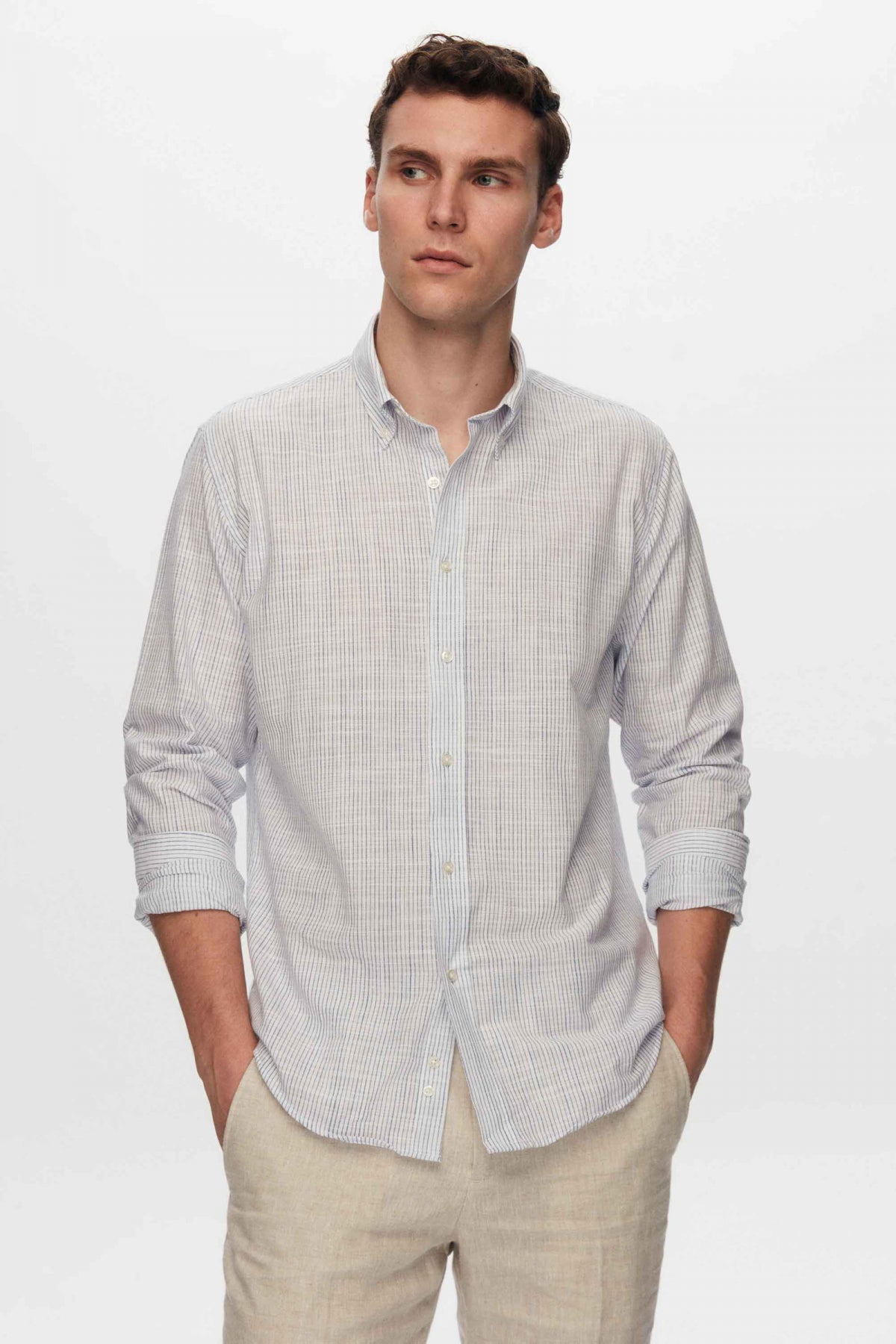 Ds Damat Slim Fit Thin Striped Button-Down Collar 100% Cotton Lightweight Linen-Look Shirt  - Blue
