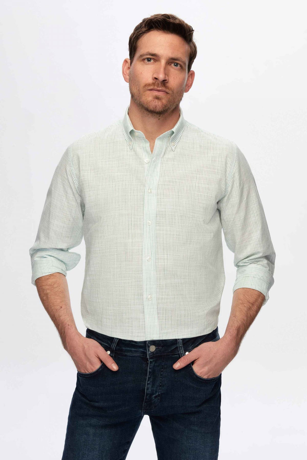 Ds Damat Slim Fit Thin Striped Button-Down Collar 100% Cotton Lightweight Linen-Look Shirt  - Green