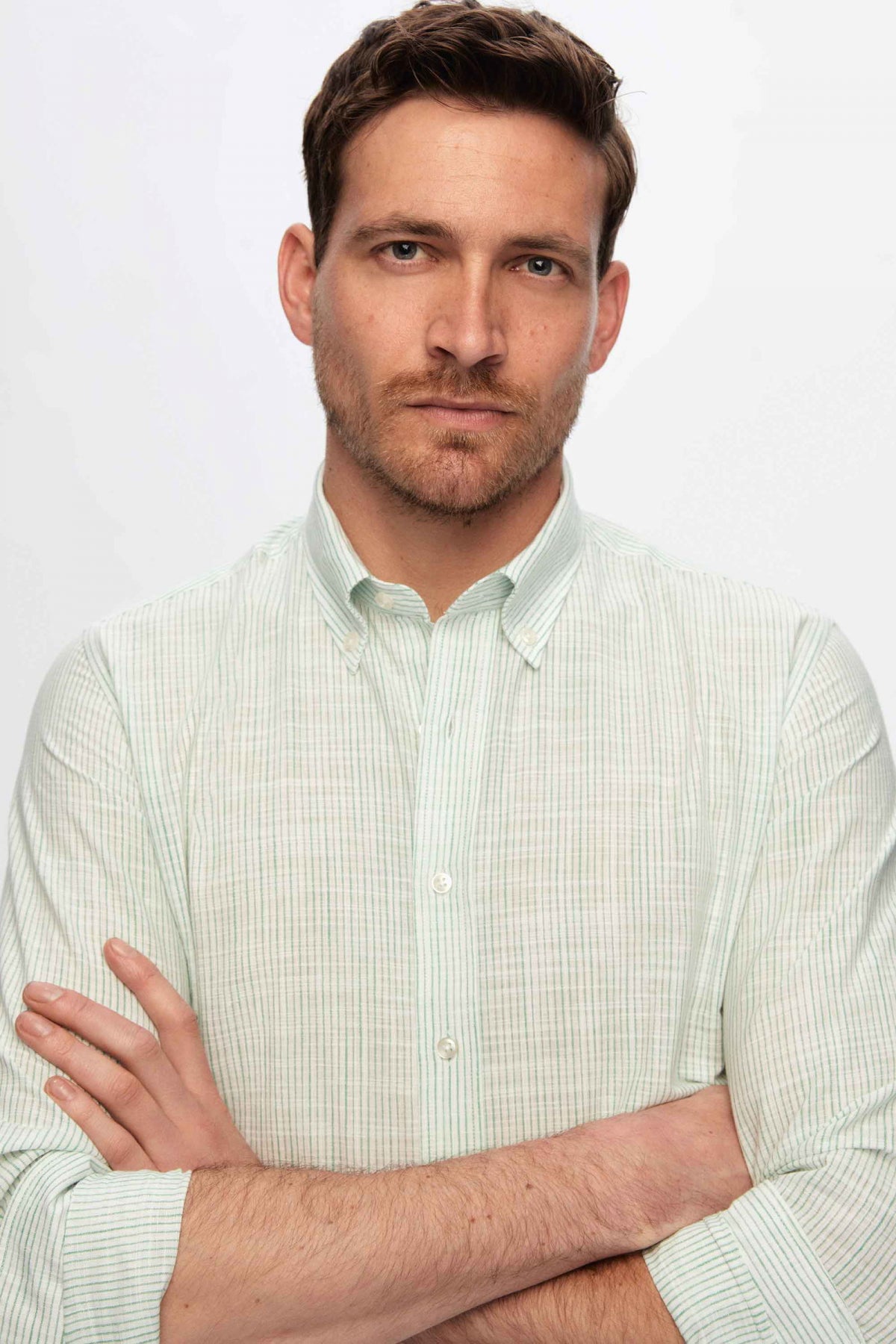 Ds Damat Slim Fit Thin Striped Button-Down Collar 100% Cotton Lightweight Linen-Look Shirt  - Green