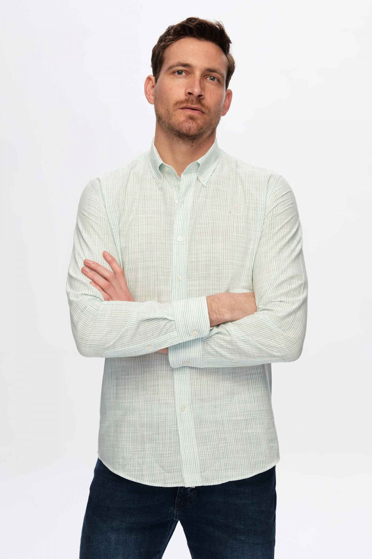 Ds Damat Slim Fit Thin Striped Button-Down Collar 100% Cotton Lightweight Linen-Look Shirt  - Green