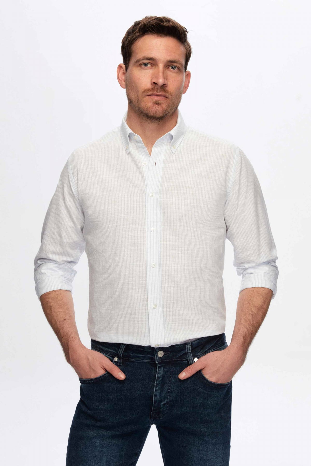 Ds Damat Slim Fit Thin Striped Button-Down Collar 100% Cotton Lightweight Linen-Look Shirt  - Light Blue