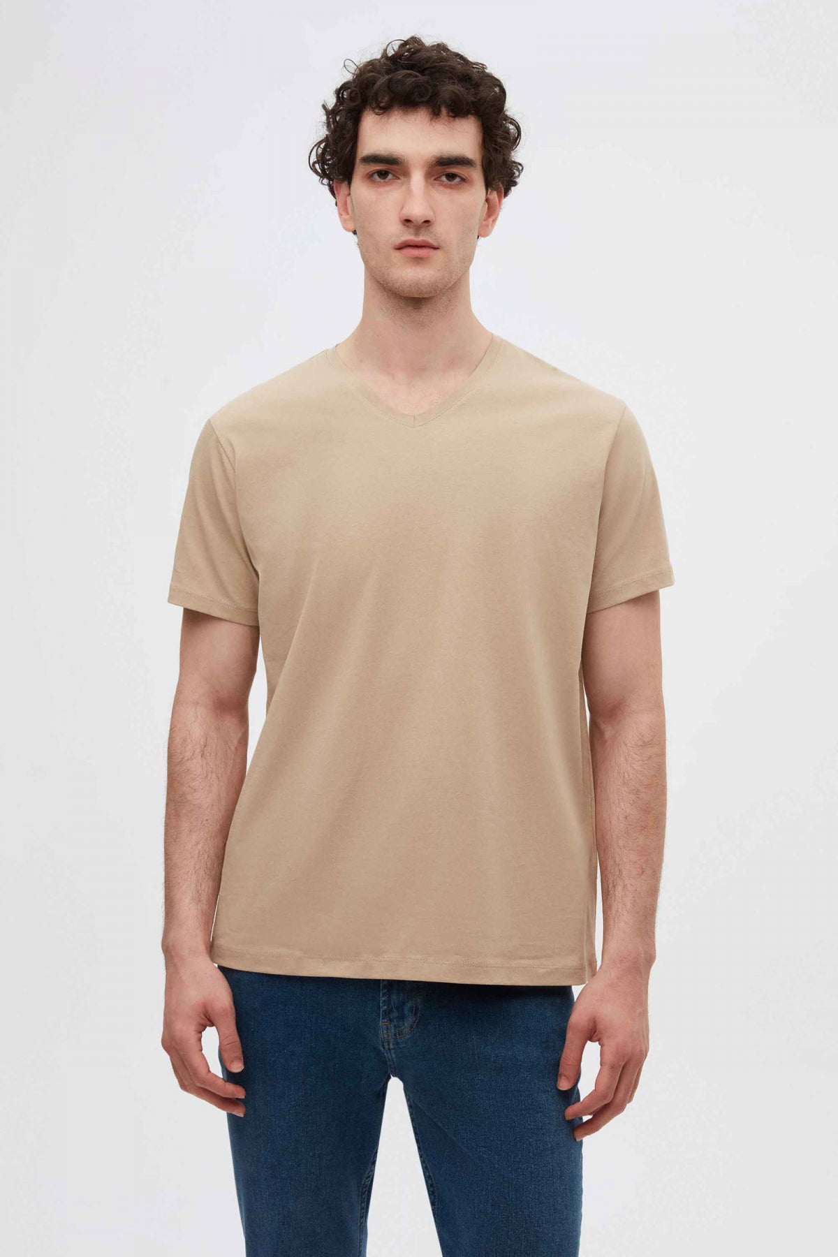 Ds Damat Slim Fit V-Neck 100% Cotton T-Shirt  - Beige
