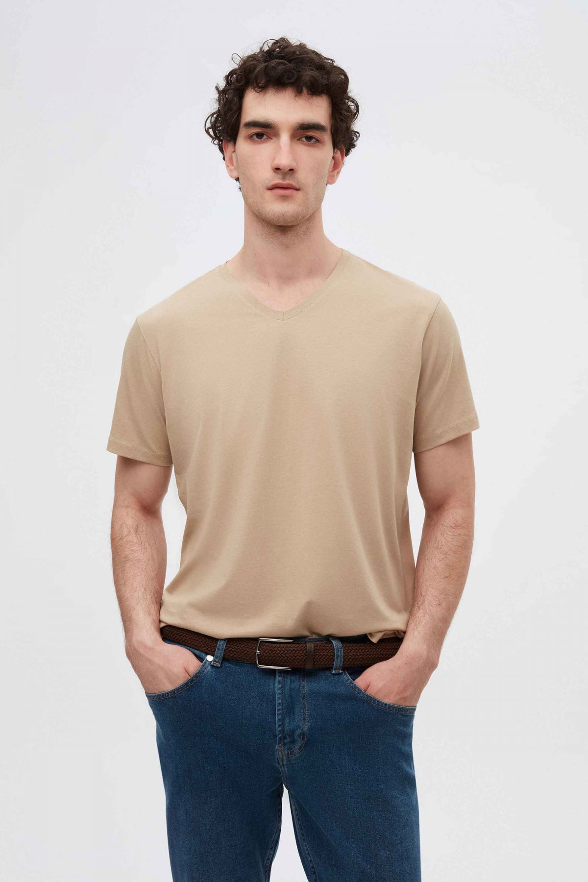 Ds Damat Slim Fit V-Neck 100% Cotton T-Shirt  - Beige