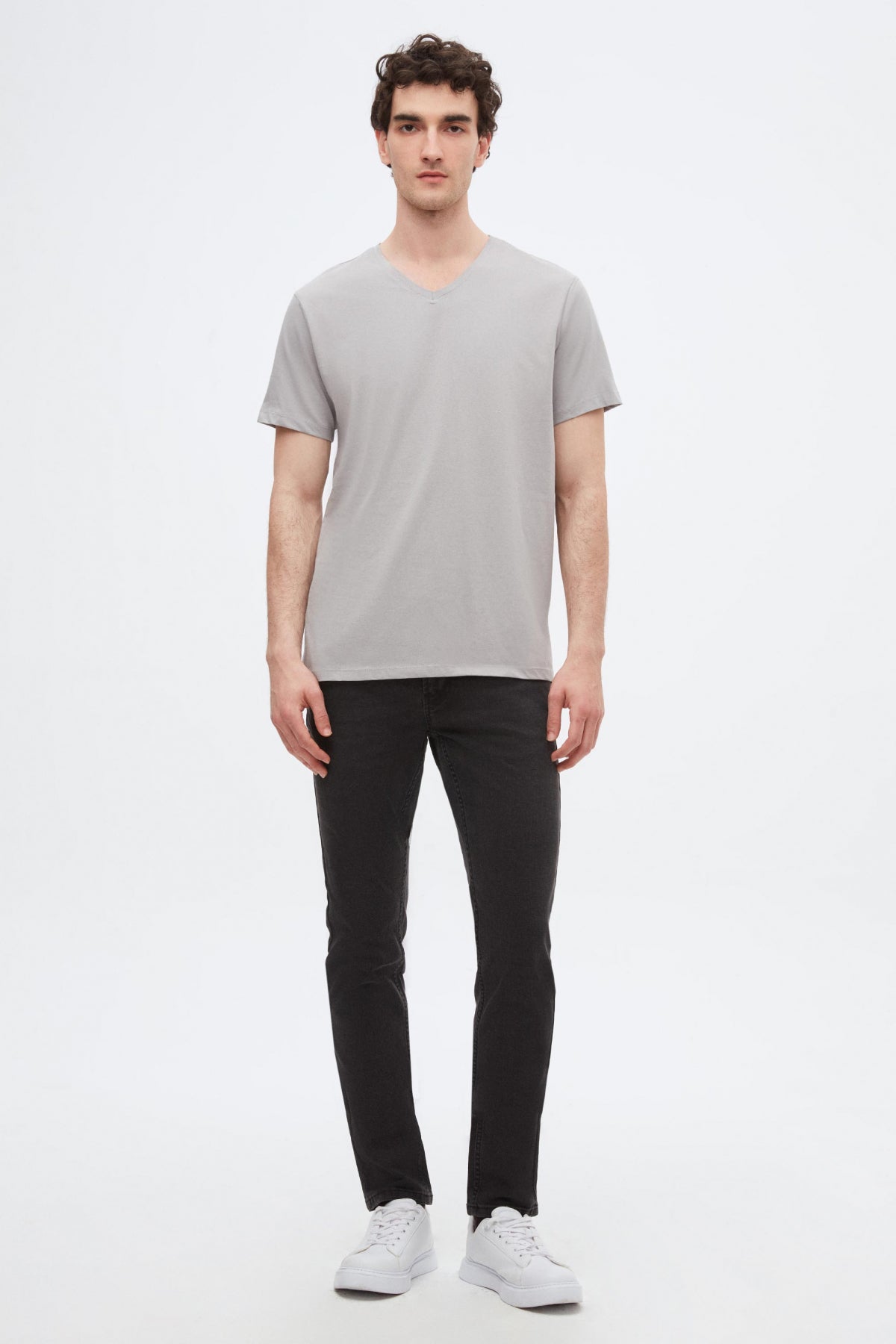 Ds Damat Slim Fit V-Neck 100% Cotton T-Shirt  - Gray