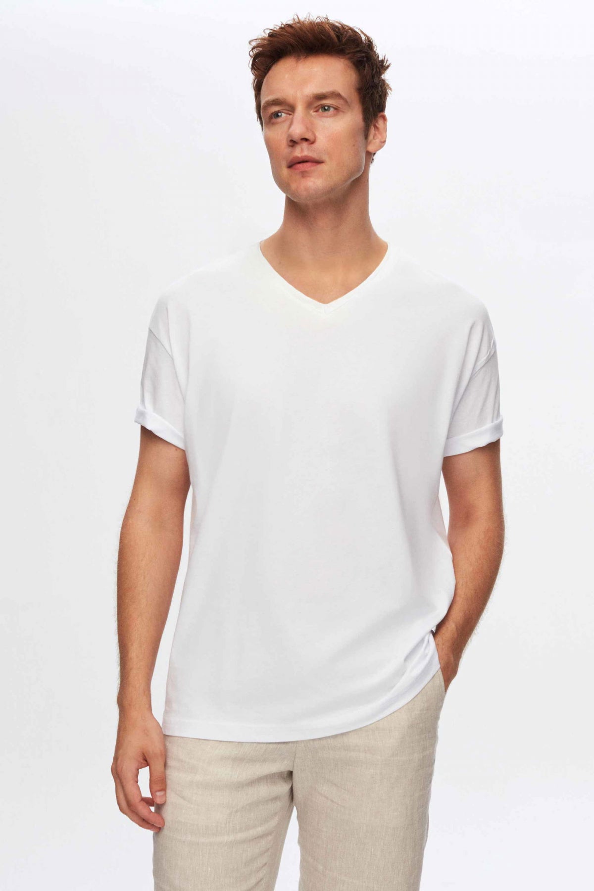 Ds Damat Slim Fit V-Neck 100% Cotton T-Shirt  - White