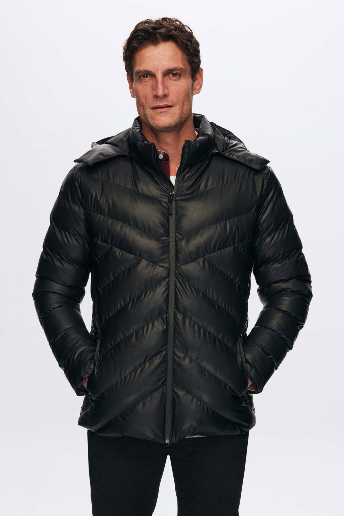 Ds Damat Slim Fit Water-Repellent Windproof Fiber-Filled Faux Leather Removable Hooded Jacket  - Black