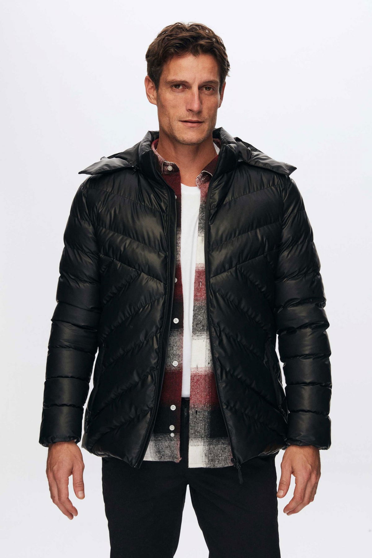 Ds Damat Slim Fit Water-Repellent Windproof Fiber-Filled Faux Leather Removable Hooded Jacket  - Black