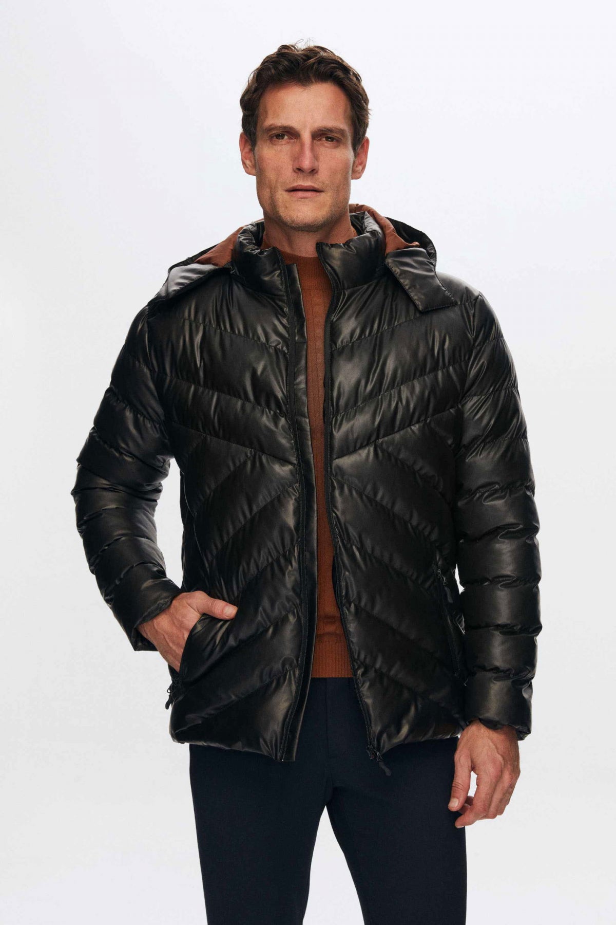 Ds Damat Slim Fit Water-Repellent Windproof Fiber-Filled Faux Leather Removable Hooded Jacket  - Brown