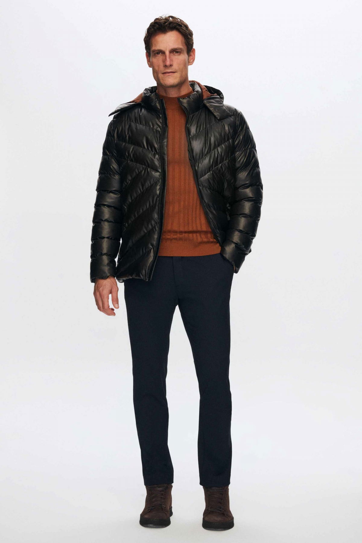 Ds Damat Slim Fit Water-Repellent Windproof Fiber-Filled Faux Leather Removable Hooded Jacket  - Brown