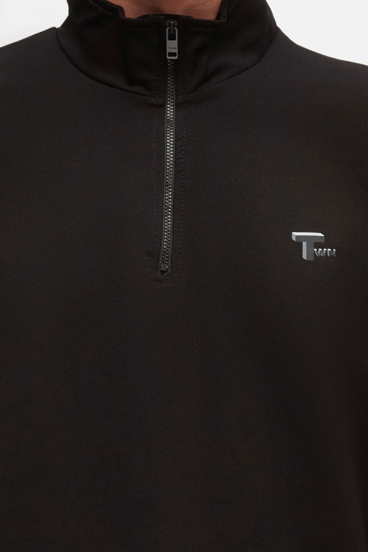 Twn Oversize Plain Half-Zip Cotton Seasonal Sweatshirt  - Black