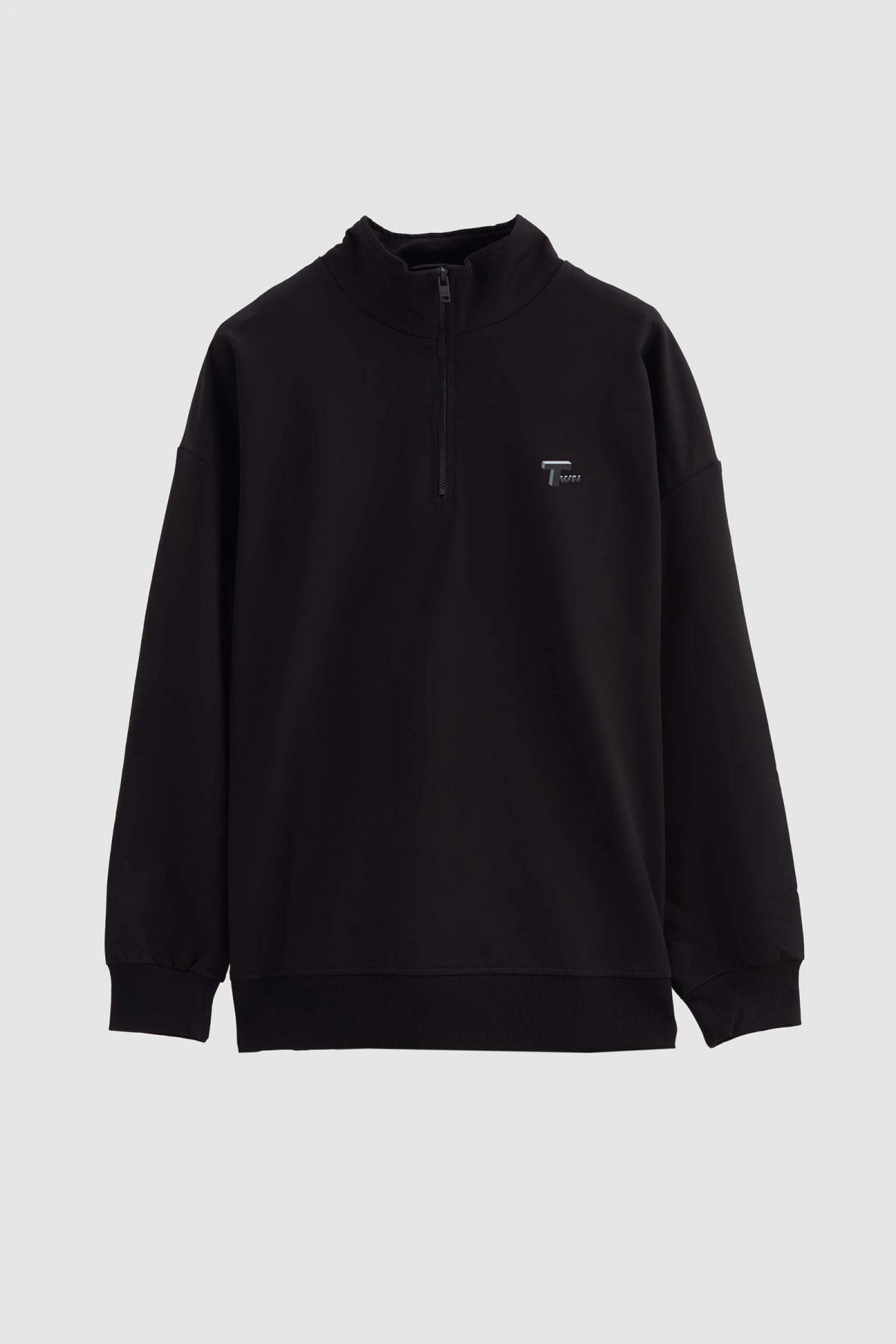 Twn Oversize Plain Half-Zip Cotton Seasonal Sweatshirt  - Black