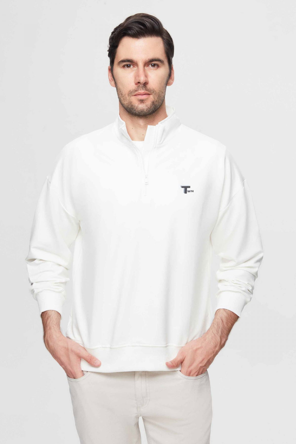Twn Oversize Plain Half-Zip Cotton Seasonal Sweatshirt  - Ecru