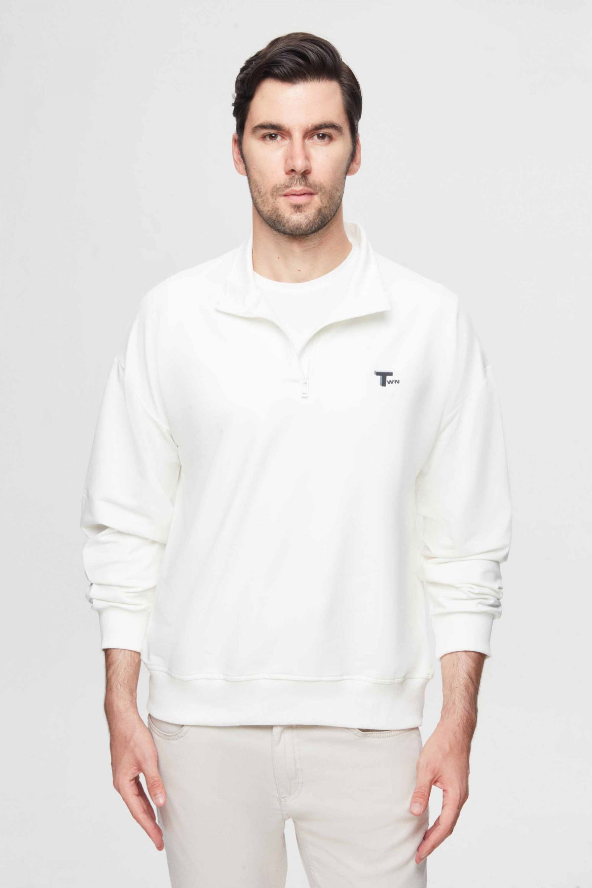 Twn Oversize Plain Half-Zip Cotton Seasonal Sweatshirt  - Ecru