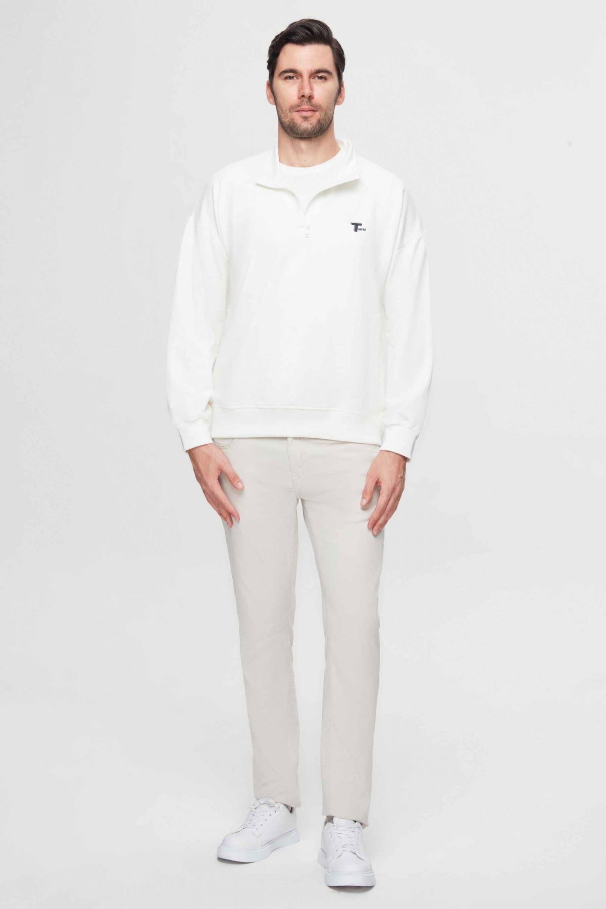 Twn Oversize Plain Half-Zip Cotton Seasonal Sweatshirt  - Ecru