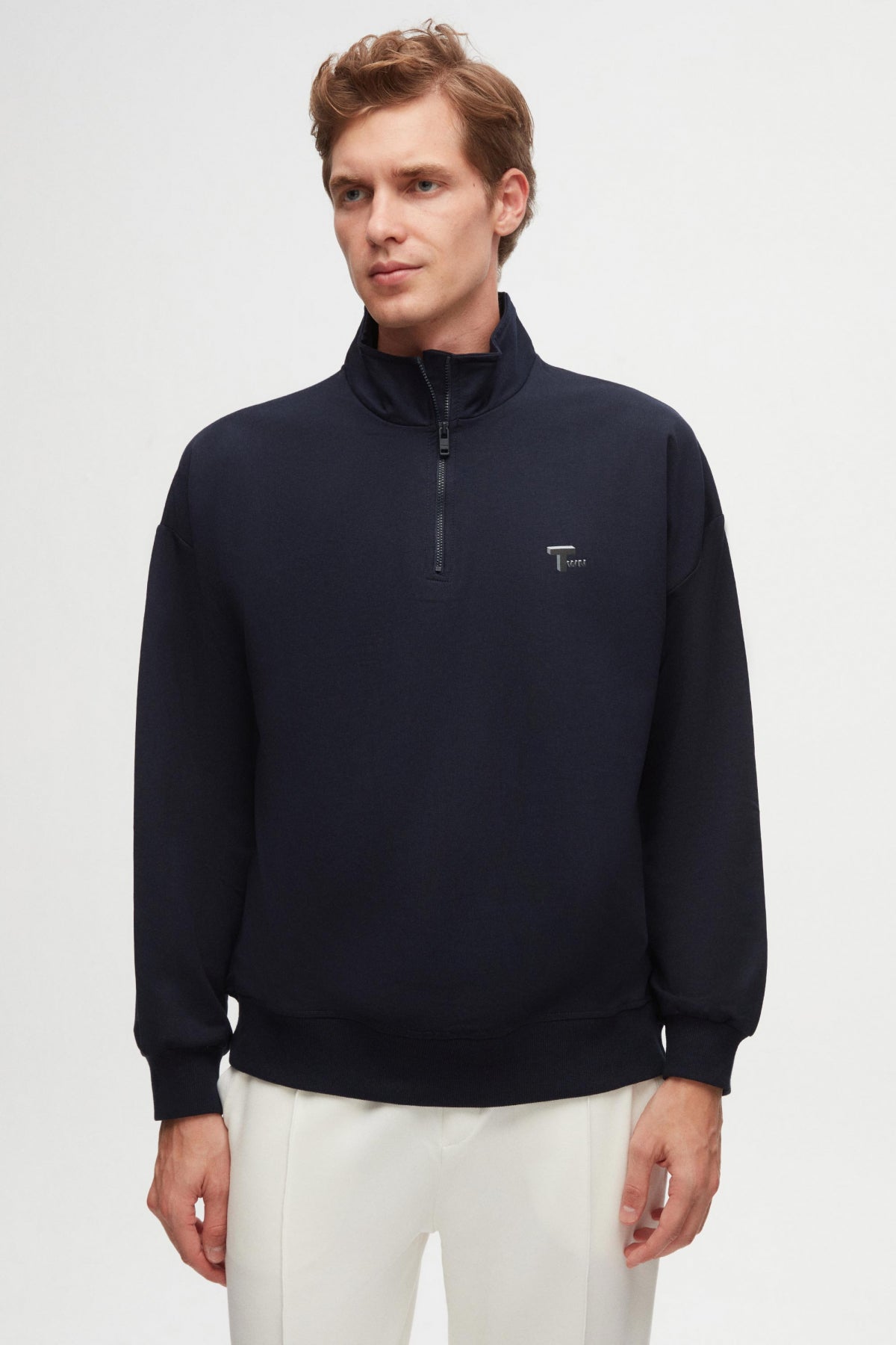 Twn Oversize Plain Half-Zip Cotton Seasonal Sweatshirt  - Navy Blue