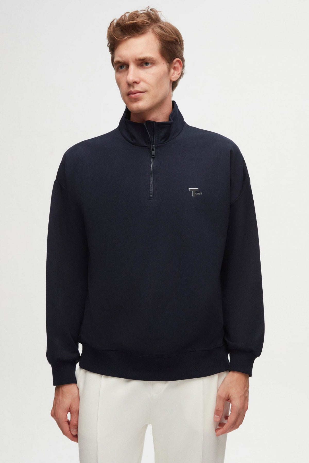 Twn Oversize Plain Half-Zip Cotton Seasonal Sweatshirt  - Navy Blue
