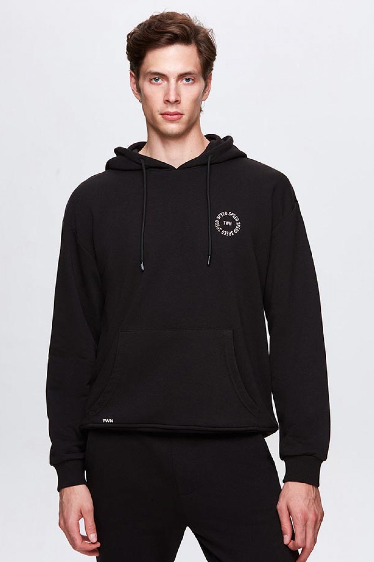 Twn Oversize Printed 3-Thread Hooded Sweatshirt  - Black